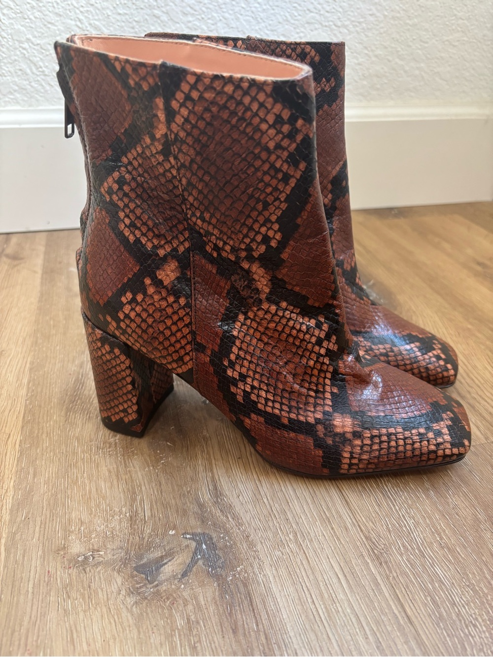 J. Crew  Leather Rust Snake Print Block Heel Ankle Boots Womens Size 7.5